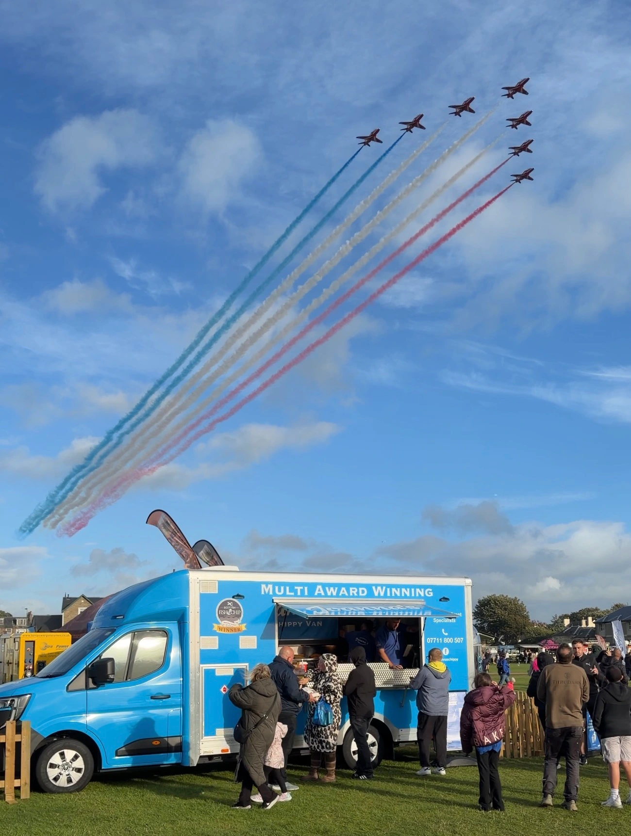 Joanna's Chippy Van serving visitors beneath the Red Arrows at Ayr Air Show