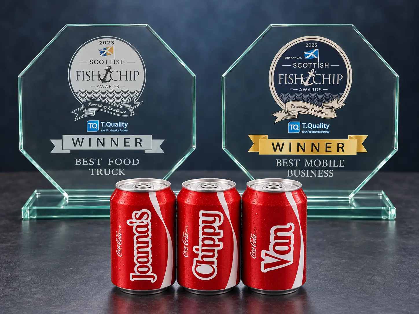 Joanna's Chippy Van Scottish Fish and Chip Awards trophies