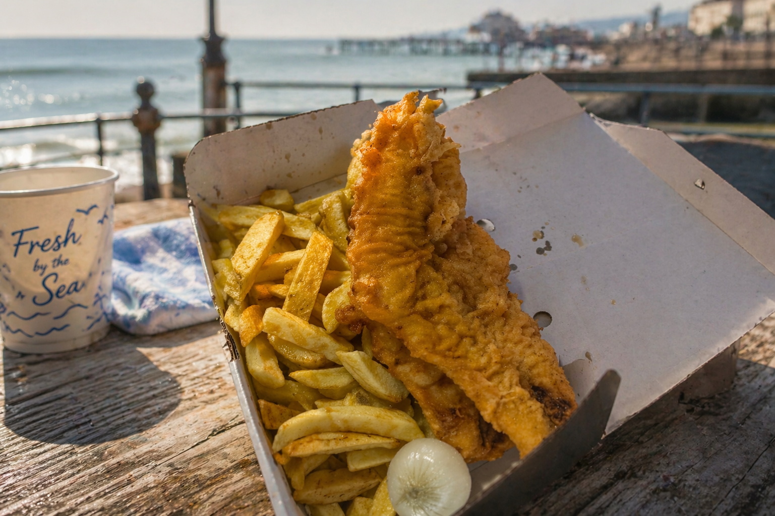 Fresh fish and chips close-up